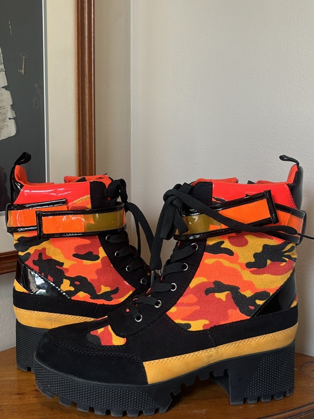 BAMBOO Orange Red Camo Lace-Up Platform Boots